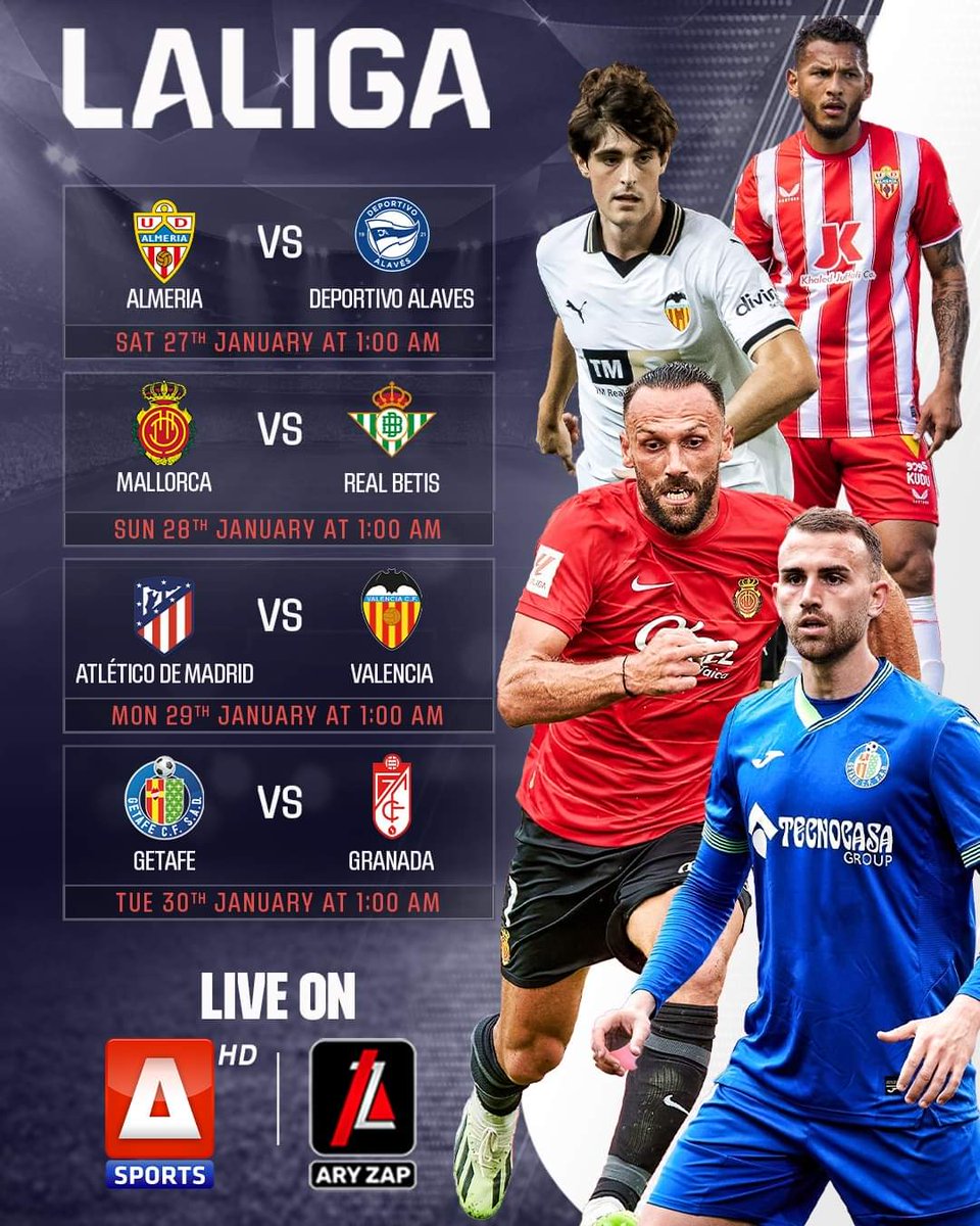 Here's the schedule for the #Laliga matches you can watch LIVE in HD on:
📺: #ASportsHD
🖥️: #ARYZAP
#LALIGAEASPORTS #FootballLeague #ASportsHD #PakistansFirstHDSportsChannel #ARYZap