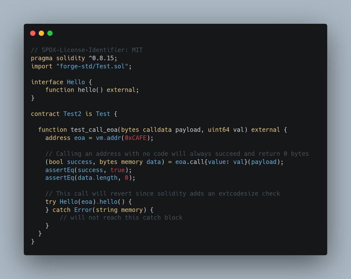 soltheon's tweet photo. It's easy to forget that when you low-level call an address with no code it will never revert. 
On the other hand if you call it using an ABI, solidity adds a check that the address must be a contract. Try/Catch does not catch this revert. https://t.co/JjqQGSNwpS