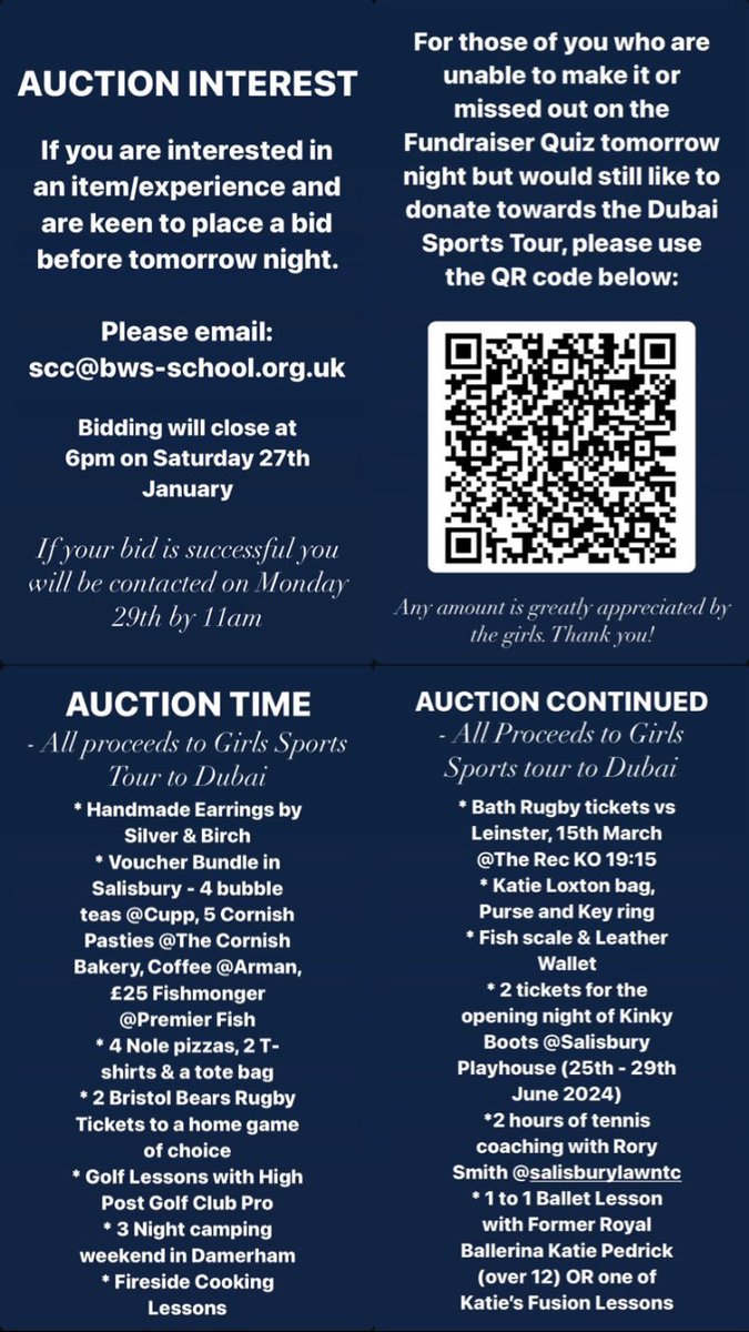 The <a href="/BWordsworths/">Bishop Wordsworth's</a> rugby &amp; netball girls quiz night and auction sold out in days, but you can still place a bid for an item by emailing scc@bws-school.org.uk or donate to the trip using the QR code below. Please support our inaugural girls tour. #Dubai24 #bwsontour