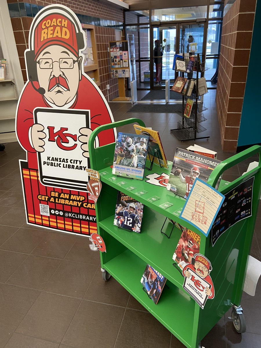 KCLibrary's tweet photo. Our Trails West Branch is ready for #ReadFriday! What titles should Coach Read tackle before Sunday?
#NFLPlayoffs #KCvsBAL https://t.co/uzWgluG86K
