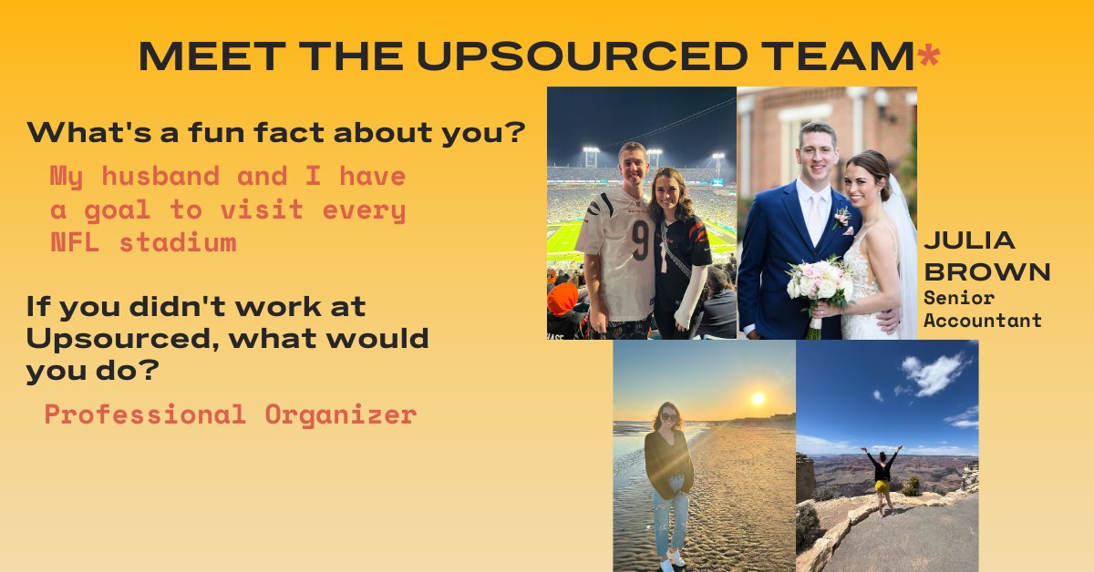 Have you had the chance to work with Julia yet? Meet one of our Senior Accountants! 

If you're an NFL fan - let her know which stadium/team is your favorite!!

#meettheteam #companyculture #finance #accounting