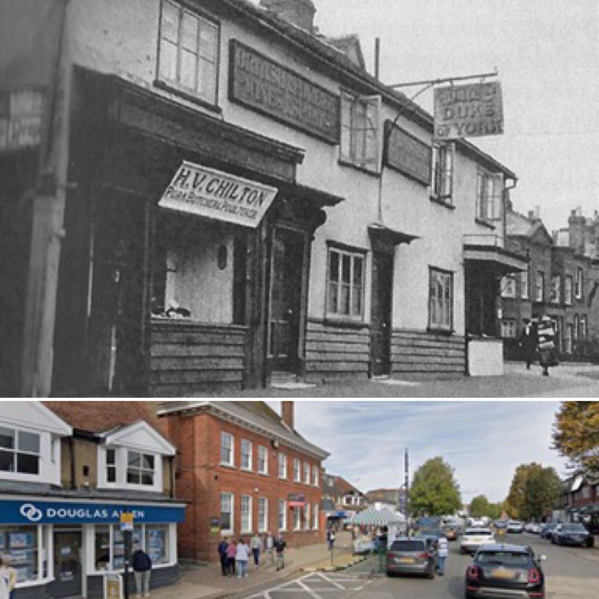 EppingHistory's tweet photo. EPPING THEN &amp; NOW
The Old Duke of York, Epping, c1926. The Inn, built in the early 1700’s, once stood where the old Barclays bank building is today. In the 1870’s the old Parish Fire brigade kept their old engine in the yard at the rear of the pub. Demolished in 1931. #epping https://t.co/5fSpuWwbKJ