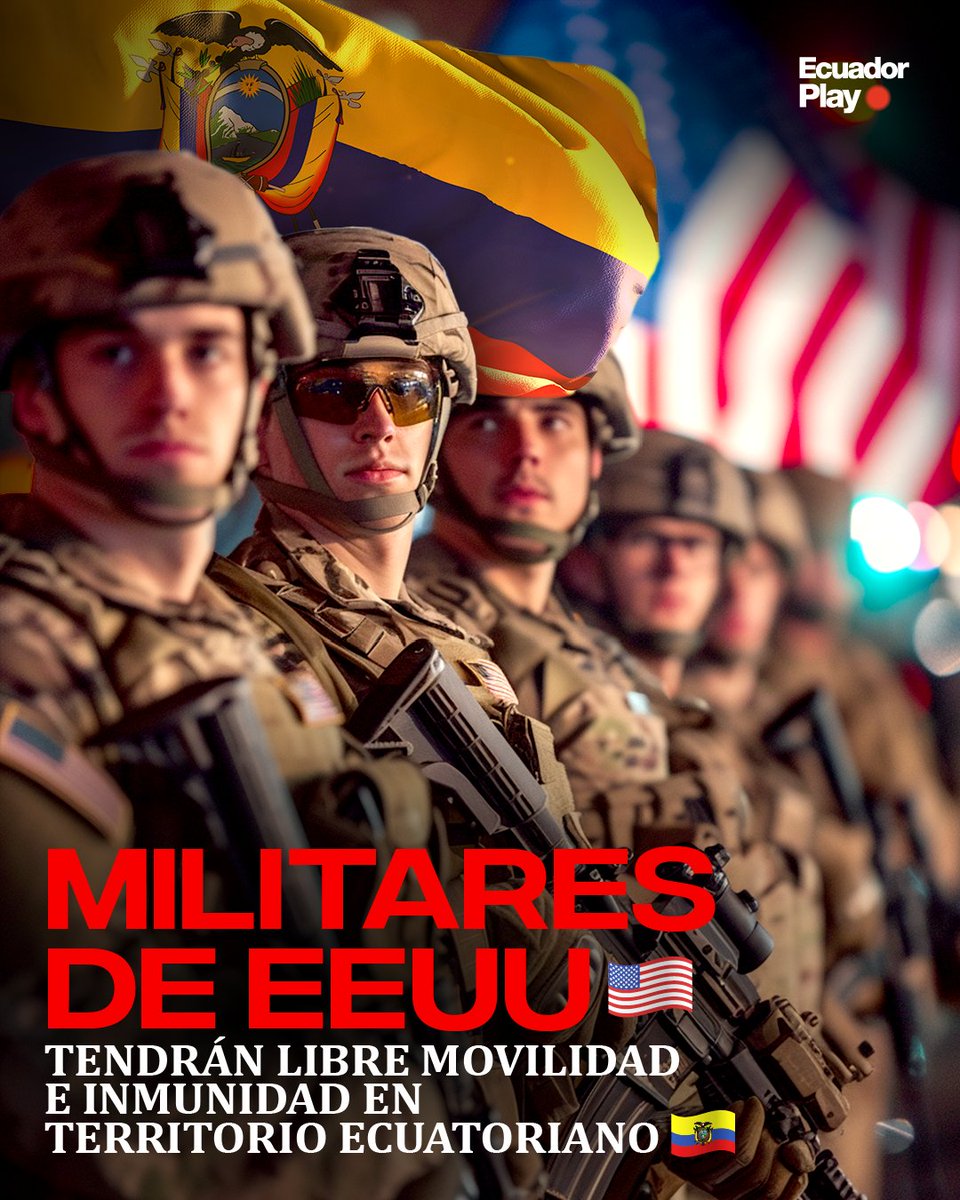 EcuadorPlay's tweet photo. 🤝 En una serie de acuerdos de cooperación, 🇪🇨 Ecuador y 🇺🇸 Estados Unidos establecen la colaboración de fuerzas del orden, firmados durante el gobierno de Guillermo Lasso y con la aprobación de la Corte Constitucional.

🪖 Los acuerdos otorgan inmunidad y libertad de movimiento a personal militar y civil estadounidense en Ecuador, únicamente se requiere la ratificación del Presidente Daniel Noboa.