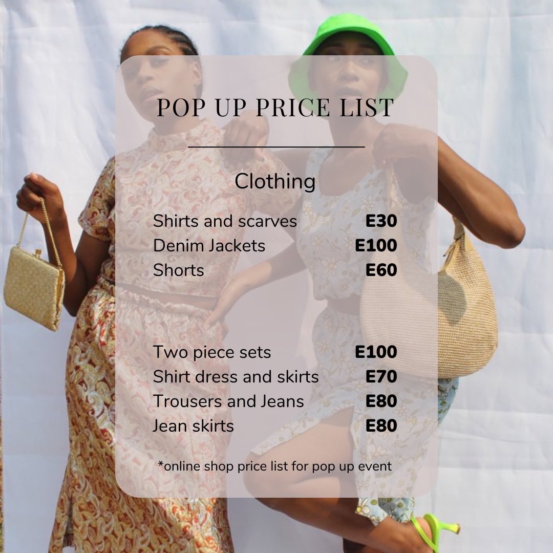 Our online collection clothing at tomorrow’s pop up with be E100 or under. Check out our price list. Join us <a href="/DalaSpaces/">DalaSpaces</a> <a href="/MalandelaC/">Malandela's Centre</a> from 10am-4pm to shop away