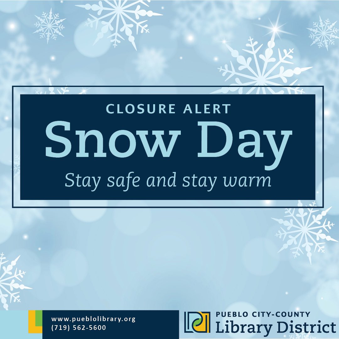 pueblolibrary's tweet photo. Due to winter weather conditions, Greenhorn Valley Library is closed today, Friday, Jan. 26.
All other PCCLD locations are open.

Stay up to date with PCCLD, visit https://t.co/Fh41csEjLq https://t.co/fndMckT8ip