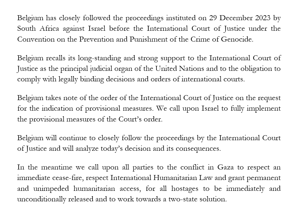 Officiële reactie van de Belgische regering op de uitspraak van het Internationaal Gerechtshof.

Réaction officielle du Gouvernement belge à propos de l'arrêt de la Cour Internationale de Justice.