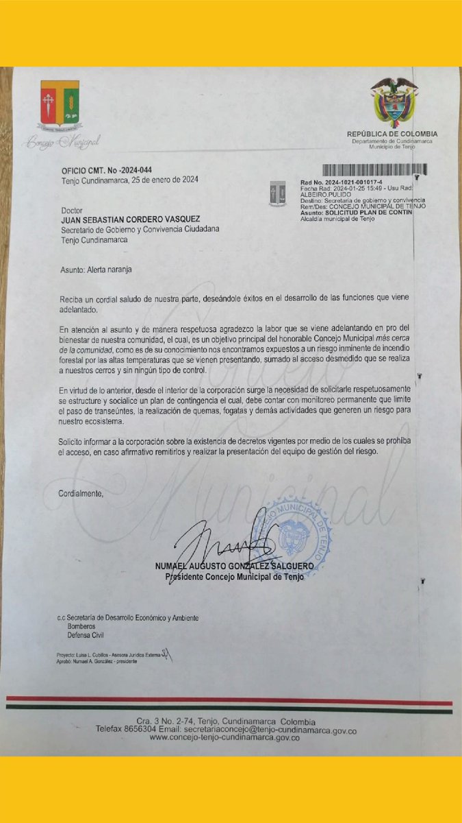 Hemos radicado un oficio a la Secretaría de Gobierno de <a href="/AlcaldiaTenjo/">Alcaldía de Tenjo</a> para conocer las estrategias y el plan de contingencia ante las fuertes temperaturas que se han registrado. 

#CuidemosNuestrosCerros