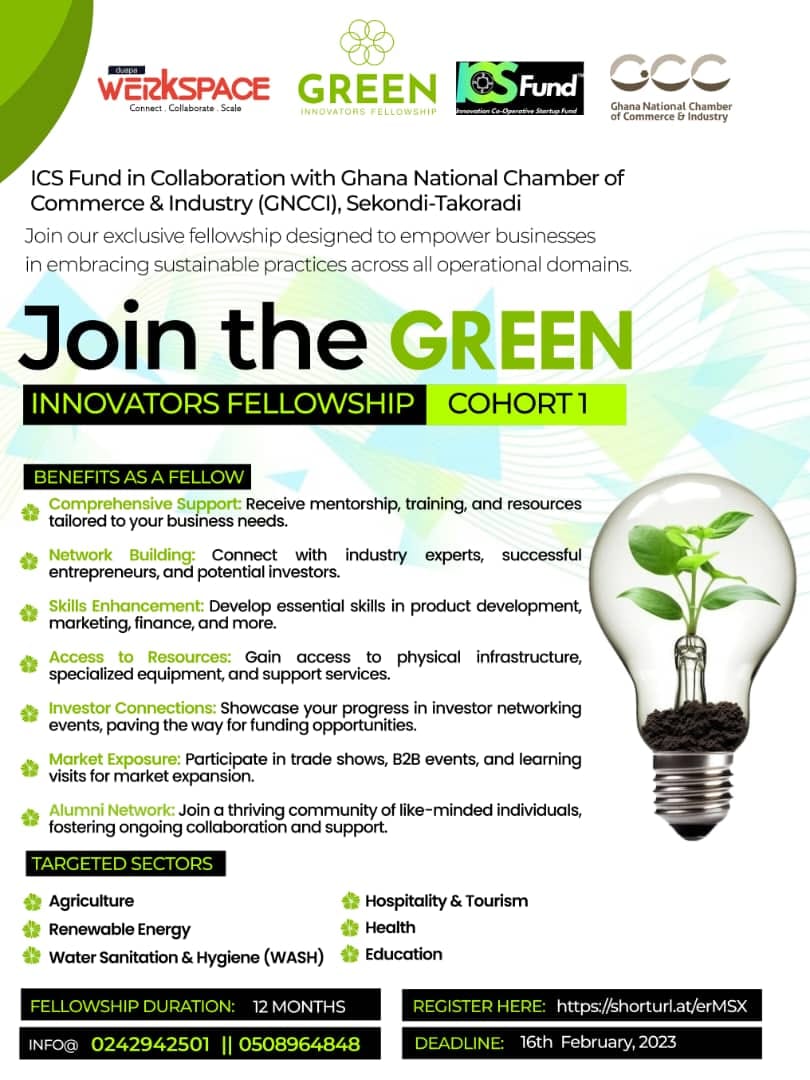 SNVGhana's tweet photo. #OpportunityAlert
The Green Innovators Fellowship is a one (1) year training designed to equip entrepreneurs with the skillset to adopt sustainable practices in their businesses.
Register📷https://t.co/bEkW934jjA...
See flyer for more details
#MSMEDevelopment #SNVImpact https://t.co/N6K2gyNjJq