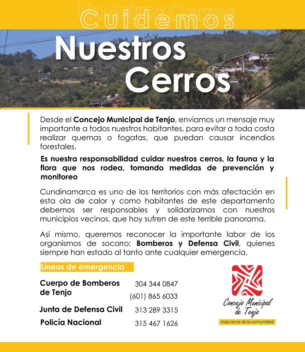 #CuidemosNuestrosCerros Desde el Concejo Municipal de Tenjo, enviamos un mensaje muy importante a todos nuestros habitantes, para evitar a toda costa realizar quemas o fogatas, que puedan causar incendios forestales.