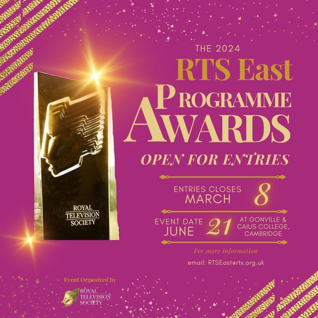 Entries are now open for the RTS East Programme Awards 2024! ✨

Head to our website to read more about our categories and entry criteria: rts.org.uk/award/rts-east…. Entries close on 8th March.

We can’t wait to see your submissions! 🎬🎞️

#rtseast #rtseastawards2024