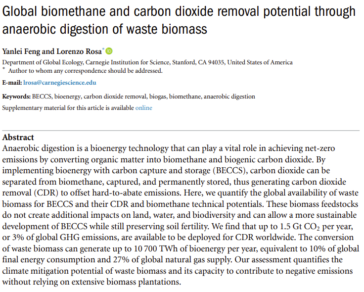 Our new research reveals the global promise of biomethane production and CO2 removal by anaerobic digestion of waste biomass and residues.
The key takeaway: 1.5 GtCO2/yr can be harnessed for carbon removal through #BECCS using agricultural waste worldwide iopscience.iop.org/article/10.108…