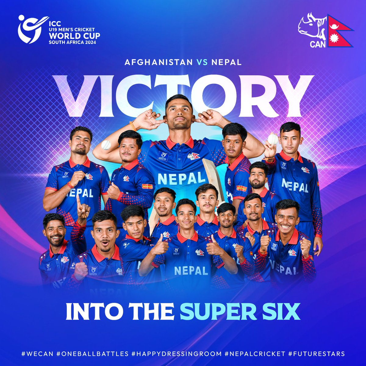 Roaring to Super Six🔥 Nepali Rhinos charge into the World Cup Super Six, defeating Afghanistan with an epic blend of grit, class, and an indomitable fighting spirit! 🌟🏏 #FutureStars | #NepalU19 | #NepalCricket |#NEPvAFG | #U19WorldCup