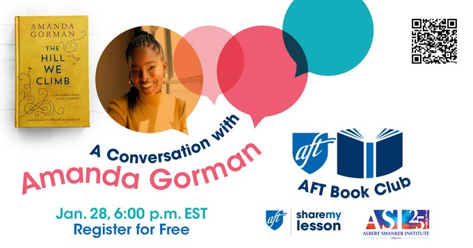 Happening THIS SUNDAY! 

<a href="/TheAmandaGorman/">Amanda Gorman</a> is joining us to for the first in our series on January 28, 2024. There's still time to register! Sign up here: aft.org/bookclub

<a href="/sharemylesson/">ShareMyLesson</a> <a href="/shankerinst/">Albert Shanker Institute</a> <a href="/rweingarten/">Randi Weingarten 🇺🇸 🖇️👩‍🎓📚</a>