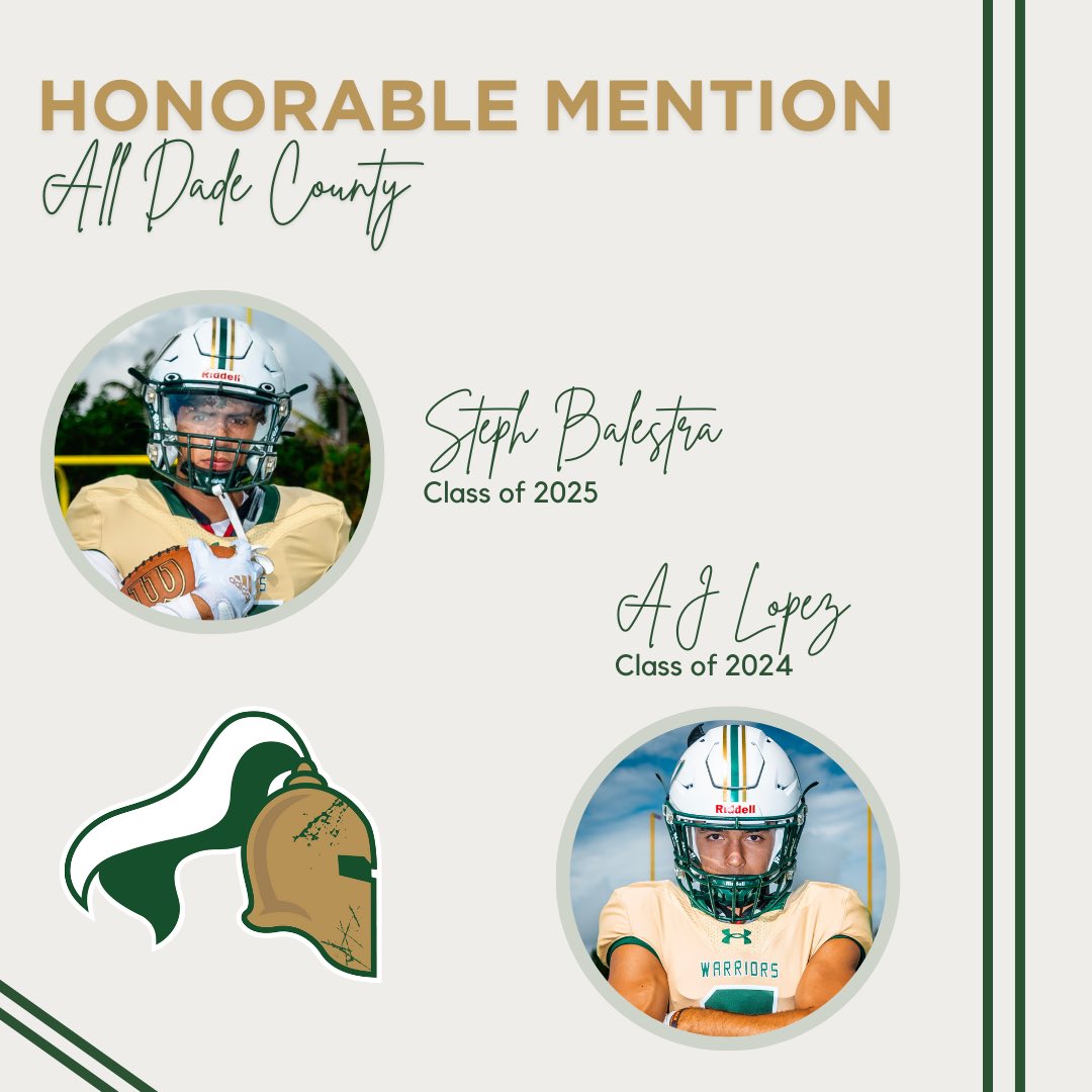 Congrats to all our YOUNG MEN that were honored by The Miami Herald All-Dade team. 
1st Team - LB Jarvis Johnson '24
2nd Team - WR Connielus "CJ" Miller '26
3rd Team - OL Antawn Borden '26
Honorable Mention - ATH AJ Lopez '24
Honorable Mention - ATH Steph Balestra '25