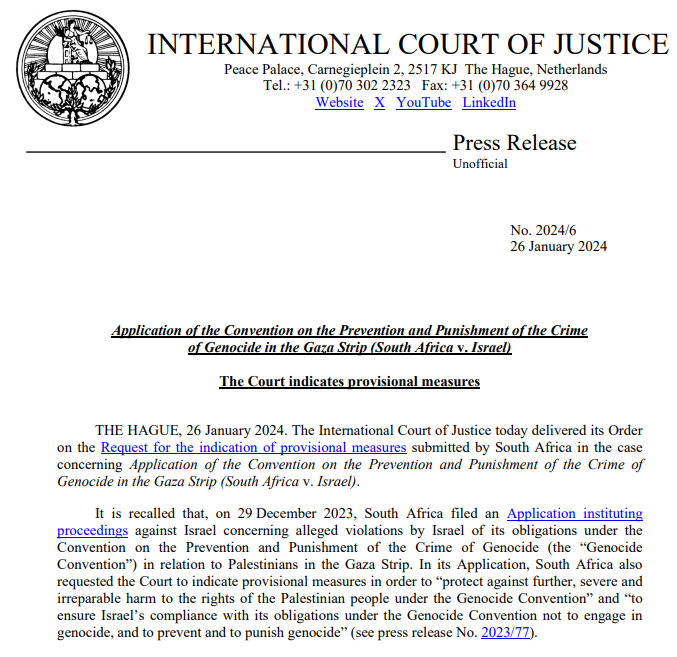 PRESS RELEASE: the #ICJ indicates provisional measures in the case #SouthAfrica v. #Israel tinyurl.com/5n4vmd4j
