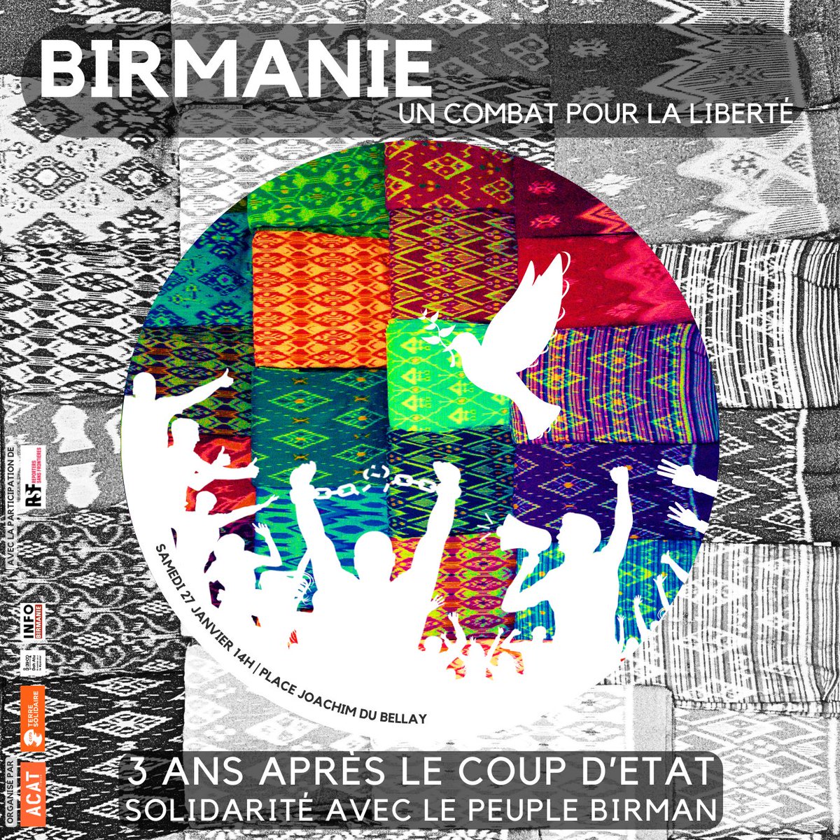 #Birmanie. Demain, nous serons avec @InfoBirmanie, le @ccfd_tsolidaire et @RSF_inter, place Joachim-du-Bellay à Paris.

Ensemble, nous dirons NON au coup d'État, NON à la peine de mort, NON à la torture.

Ensemble, nous dirons OUI aux libertés ! Rejoignez-nous ! #AvecToiMyanmar