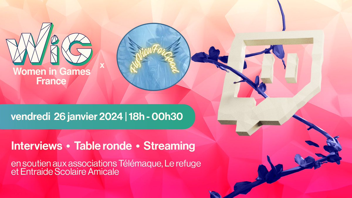 🔥 Dans 2 heures, on se retrouve sur la chaîne Twitch de Flyview pour plusieurs heures de live caritatif en soutien à <a href="/Telemaque_asso/">Télémaque</a> <a href="/lerefuge/">Fondation Le Refuge</a> et <a href="/AssociationESA/">Entraide Scolaire Amicale</a> : twitch.tv/flyview_paris

Plusieurs membres WIG FR streameront également sur leur chaîne dès 18h30👇