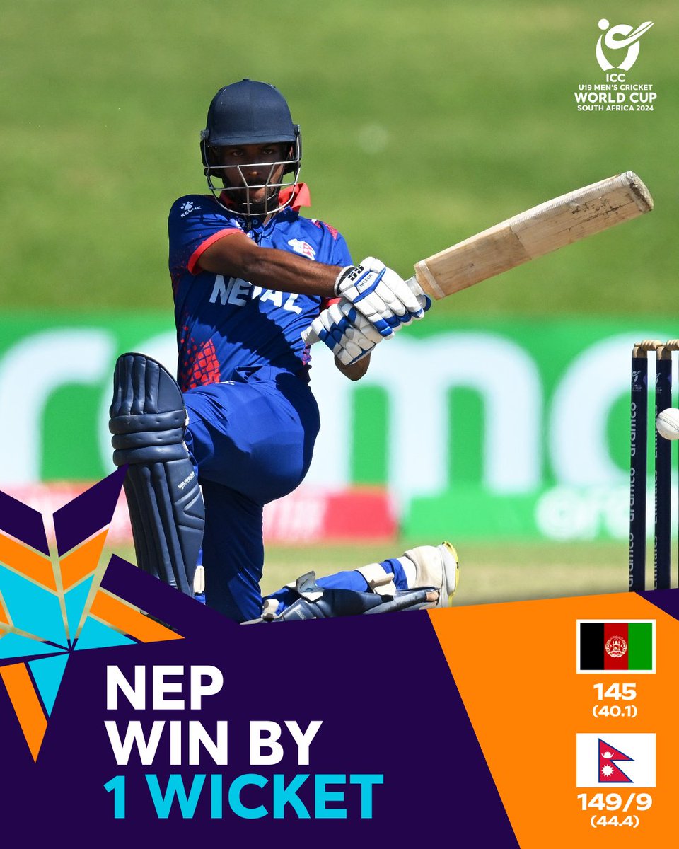 ICC's tweet image. A stunning one-wicket win over Afghanistan gives the Rhinos a spot in the Super Six stage of the #U19WorldCup 😯

#AFGvNEP