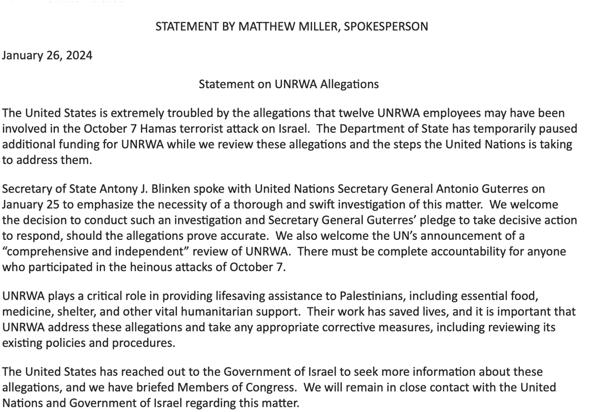 BREAKING: State Department has temporarily paused additional funding for UNRWA while it reviews allegations that 12 of the agency's employees may have been involved in the Oct. 7 attack.