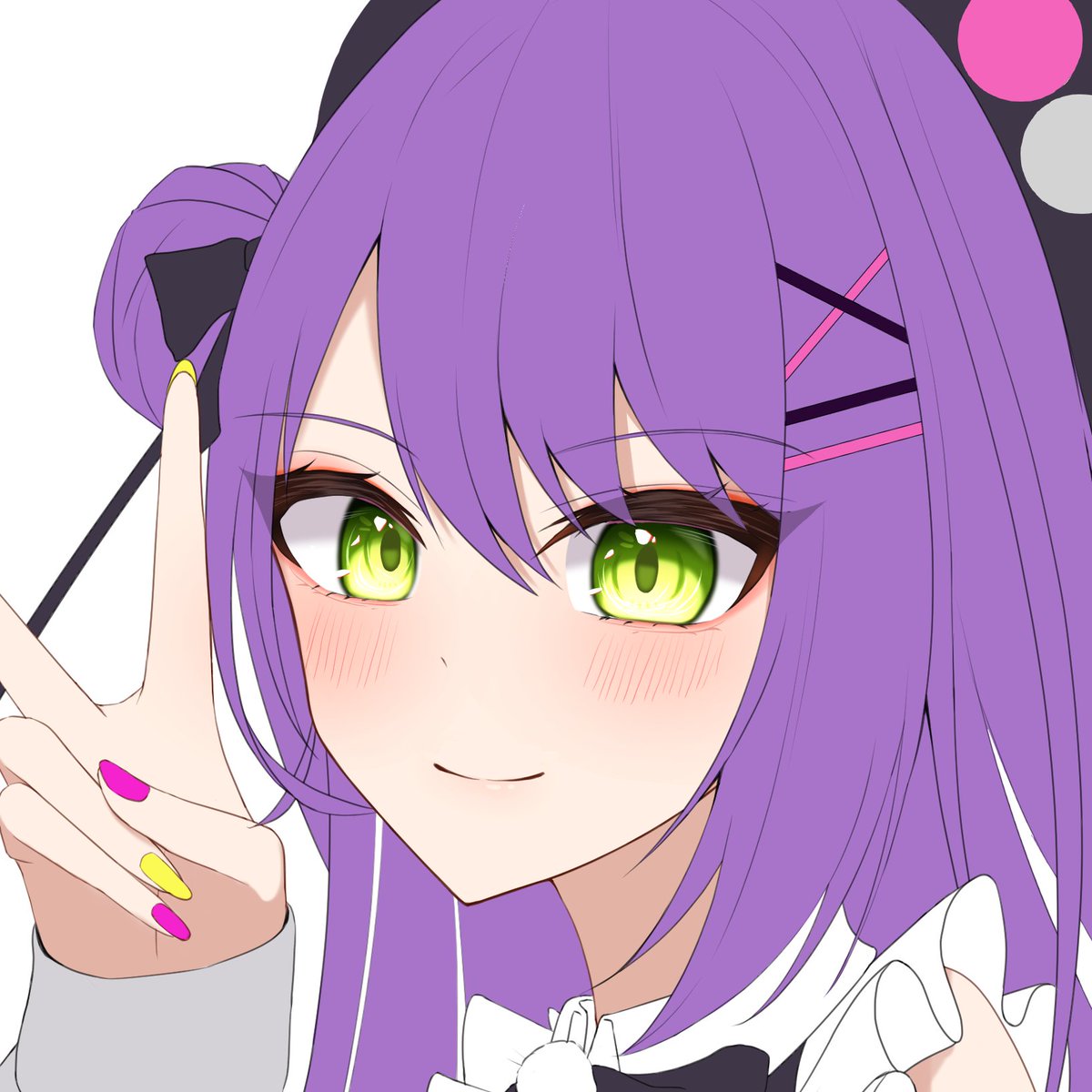 tokoyami towa ,tokoyami towa (jirai kei) 1girl solo purple hair green eyes smile v hair bun  illustration images