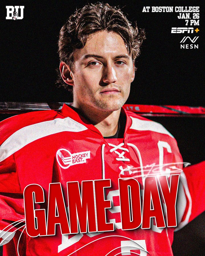 Game day graphic featuring posed photo of Case McCarthy. BU at Boston College, Jan. 26, 7 PM on ESPN+ and NESN