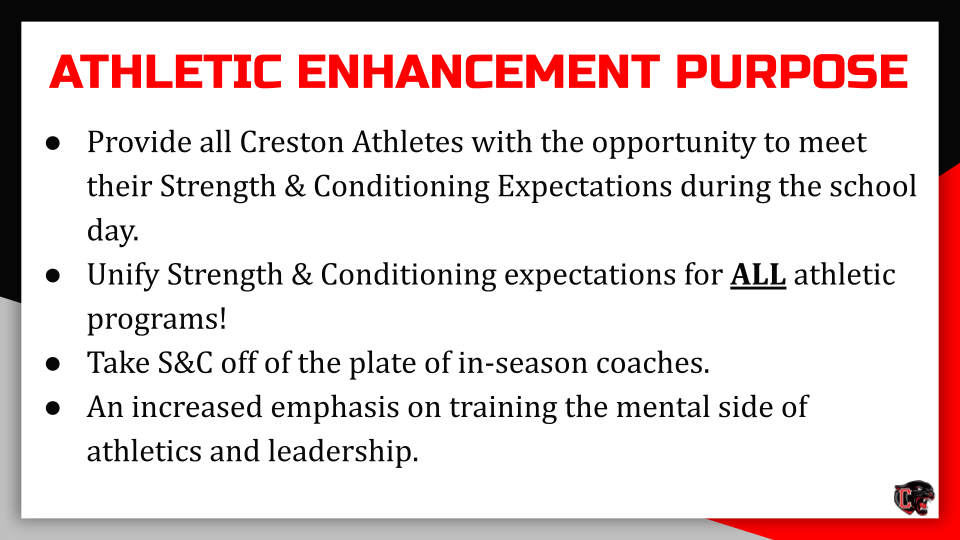 Exciting things happening at CHS starting in 2024-25!

Parents and Athletes, please see the following information regarding our new Athletic Enhancement Class!

A.E. Info: docs.google.com/presentation/d…

If you are a CHS athlete please register for this class both semesters!