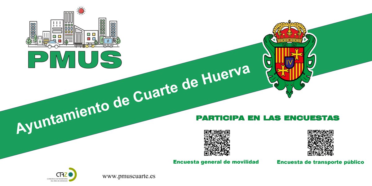 AytoCuarte's tweet photo. 🚲♻️ Desde el Ayuntamiento y en colaboración con el @CTAZgz estamos elaborando un Plan de Movilidad Urbana Sostenible (PMUS) de Cuarte de Huerva.

📲 Mantente informado y participa en este proceso en la siguiente página web: https://t.co/uA5kNihxe6 https://t.co/PY5oWfu61x