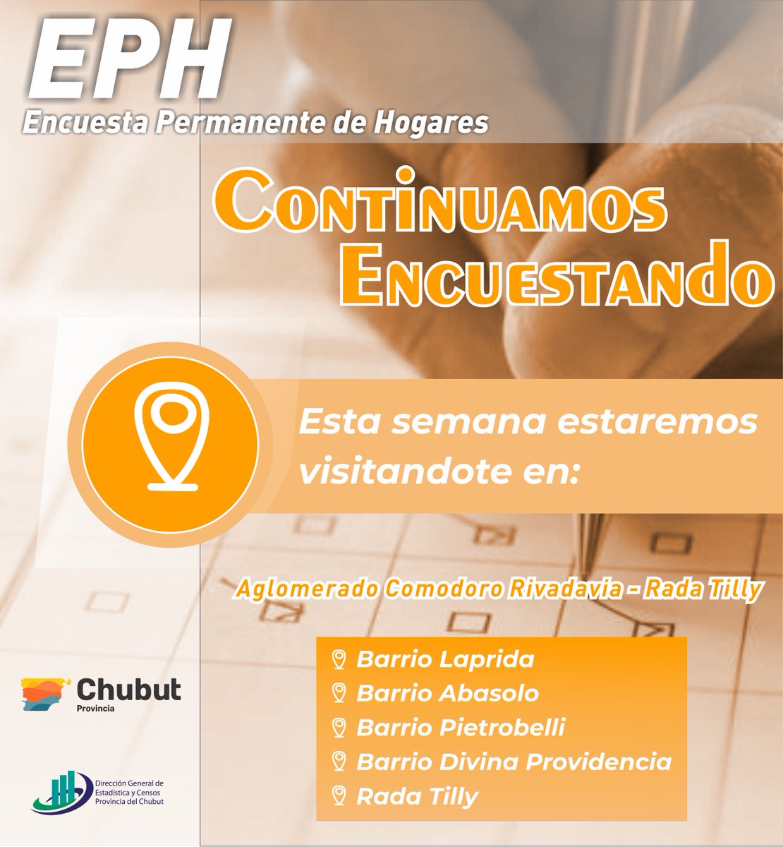 EstadisticaCH's tweet photo. #EPH  Estamos encuestando

 #1erTrimestre 

A partir de mañana sábado y durante una semana estaremos encuestando en los aglomerados Rawson - Trelew y C. Rivadavia- Rada Tilly.  

A continuación te dejamos los barrios que estaremos visitando. 

#EstadísticaChubut https://t.co/z0US5bID57