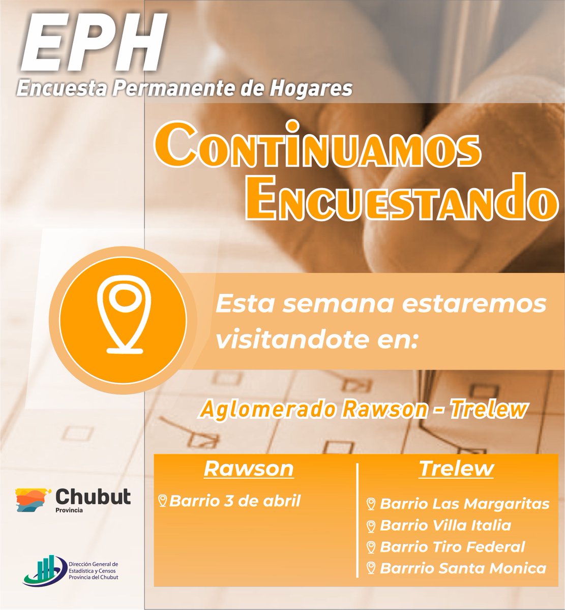 EstadisticaCH's tweet photo. #EPH  Estamos encuestando

 #1erTrimestre 

A partir de mañana sábado y durante una semana estaremos encuestando en los aglomerados Rawson - Trelew y C. Rivadavia- Rada Tilly.  

A continuación te dejamos los barrios que estaremos visitando. 

#EstadísticaChubut https://t.co/z0US5bID57