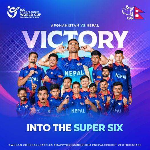 poudelsagar09's tweet photo. Nepal won Afg in ICC U19 World Cup. Now in super 6 Congratulations....
@CricketNep @paras77 @montydesai @cricketaakash @vikrantgupta73 https://t.co/bMiMrRbzES