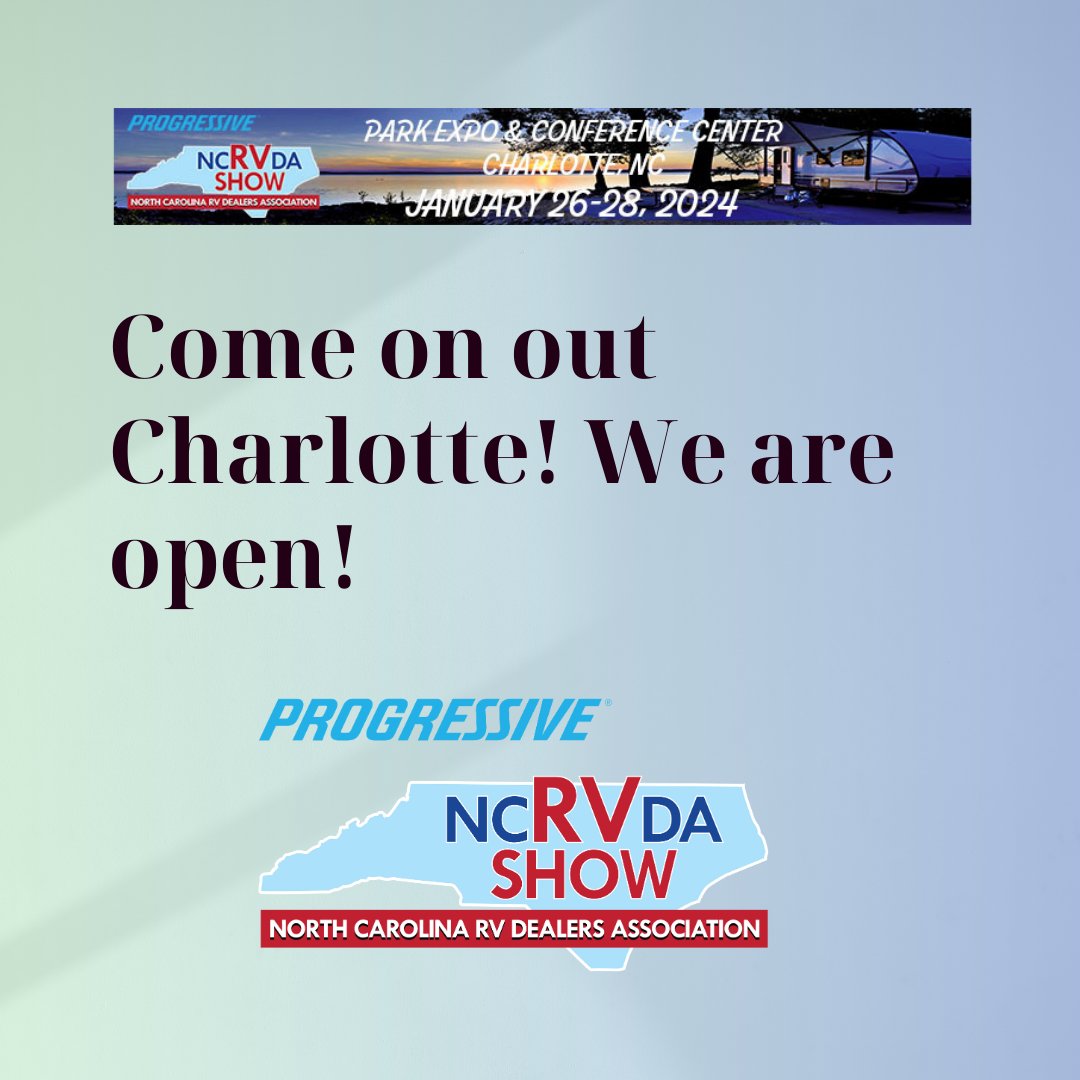 NCRVDA's tweet photo. The Progressive NCRVDA RV Show &amp; Sale at the The Park Expo and Conference Center is officially OPEN!!  Friday and Saturday Hours 10am - 7pm | Sunday Hours 10am - 4pm

See you soon
#NCRVDA #RVShow #RVSale https://t.co/3EEIUe6pBG