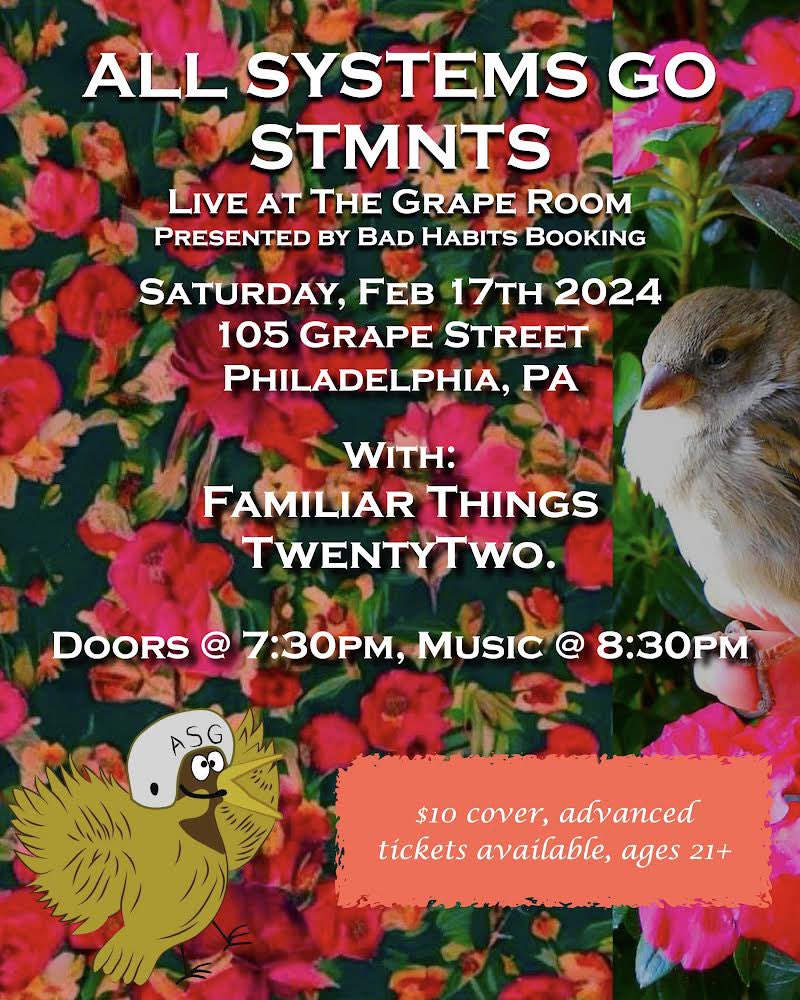 In case ya haven’t heard we’re gonna be hitting <a href="/TheGrapeRoom/">The Grape Room</a> for the first time on 2/17 along with <a href="/allsystemsgoNJ/">All Systems Go</a> <a href="/stmntsband/">STMNTS</a> and Twenty Two. It’s always a good time in Manayunk, so ya don’t wanna miss this one. 🍇
📸: <a href="/Aatamianphoto/">Alex Atamian</a>