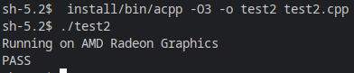 illuhad's tweet photo. Since the dawn of time, #AdaptiveCpp has needed an --acpp-targets argument to specify target devices. This is now optional, thanks to the generic single-pass compiler. A simple "acpp -o app app.cpp" generates a binary that can run on CPUs, Intel GPUs, NVIDIA GPUs and AMD GPUs. https://t.co/2U3VvOFxDL
