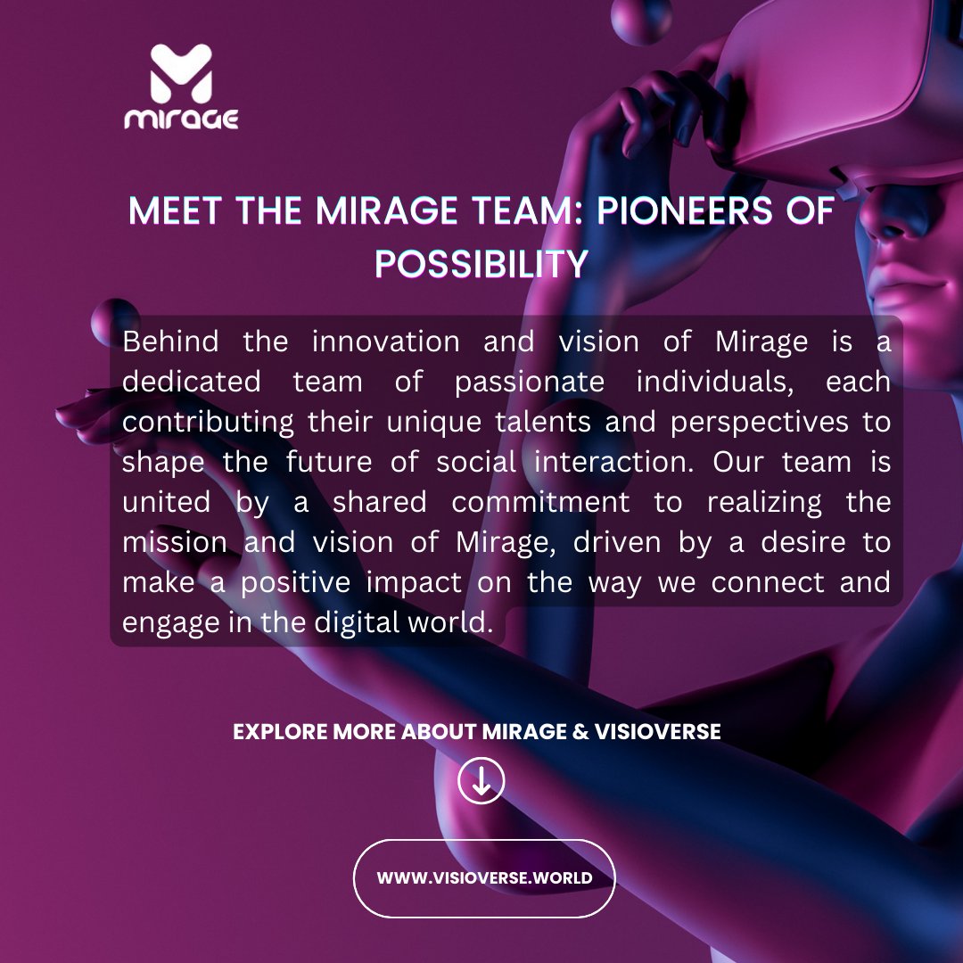 Caption:
'Meet the extraordinary team behind Mirage – a synergy of passion, innovation, and vision. 

Hashtags:
#TeamMirage #InnovationDriven #FutureOfInteraction #DigitalTransformation #PassionateTeam #Visionaries #PositiveImpact #DigitalWorld #SocialInnovation #ConnectAndEngage
