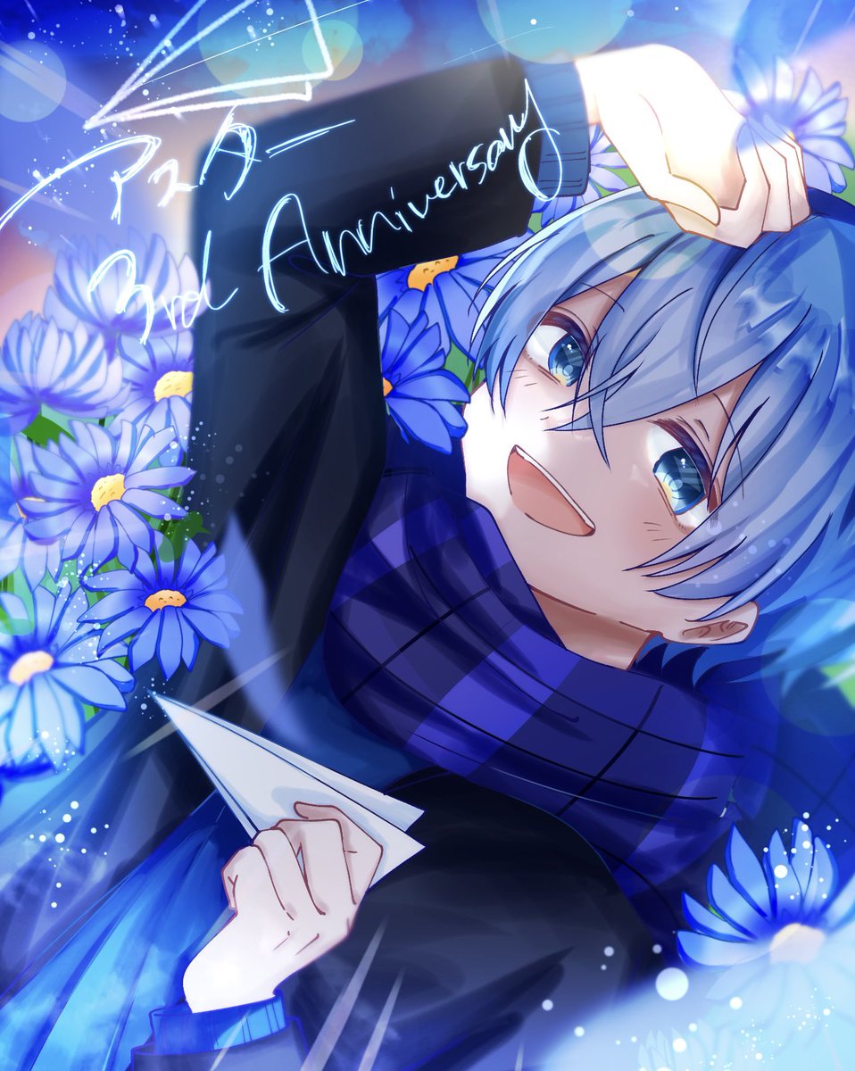 1boy male focus blue hair blue eyes scarf flower solo  illustration images