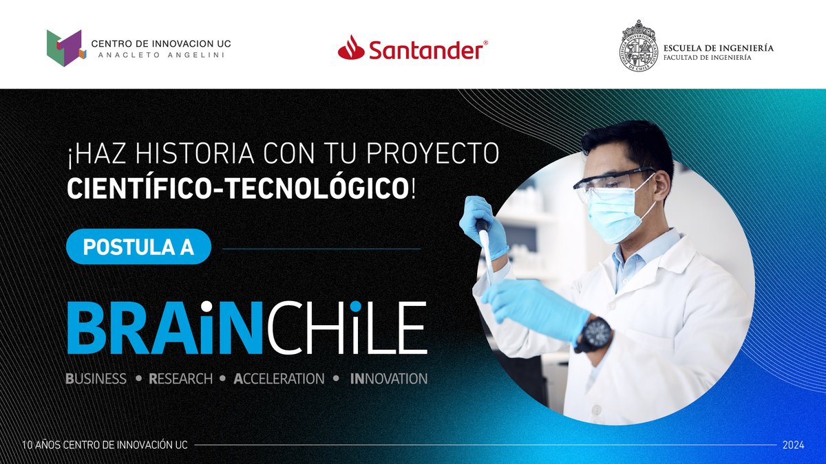 CentroinnovaUC's tweet photo. ¡Postula a #BRAINChile! Únete a nuestro programa y lleva tu proyecto al siguiente nivel. Tu participación puede cambiar el futuro. 🔬💪
+ Info: https://t.co/nvCULbREc8
@transferenciauc @ingenieriauc @santanderchile
#BrainChile #CienciaYTecnología #ProyectosCientíficos #UC https://t.co/9U2bAcj8Na
