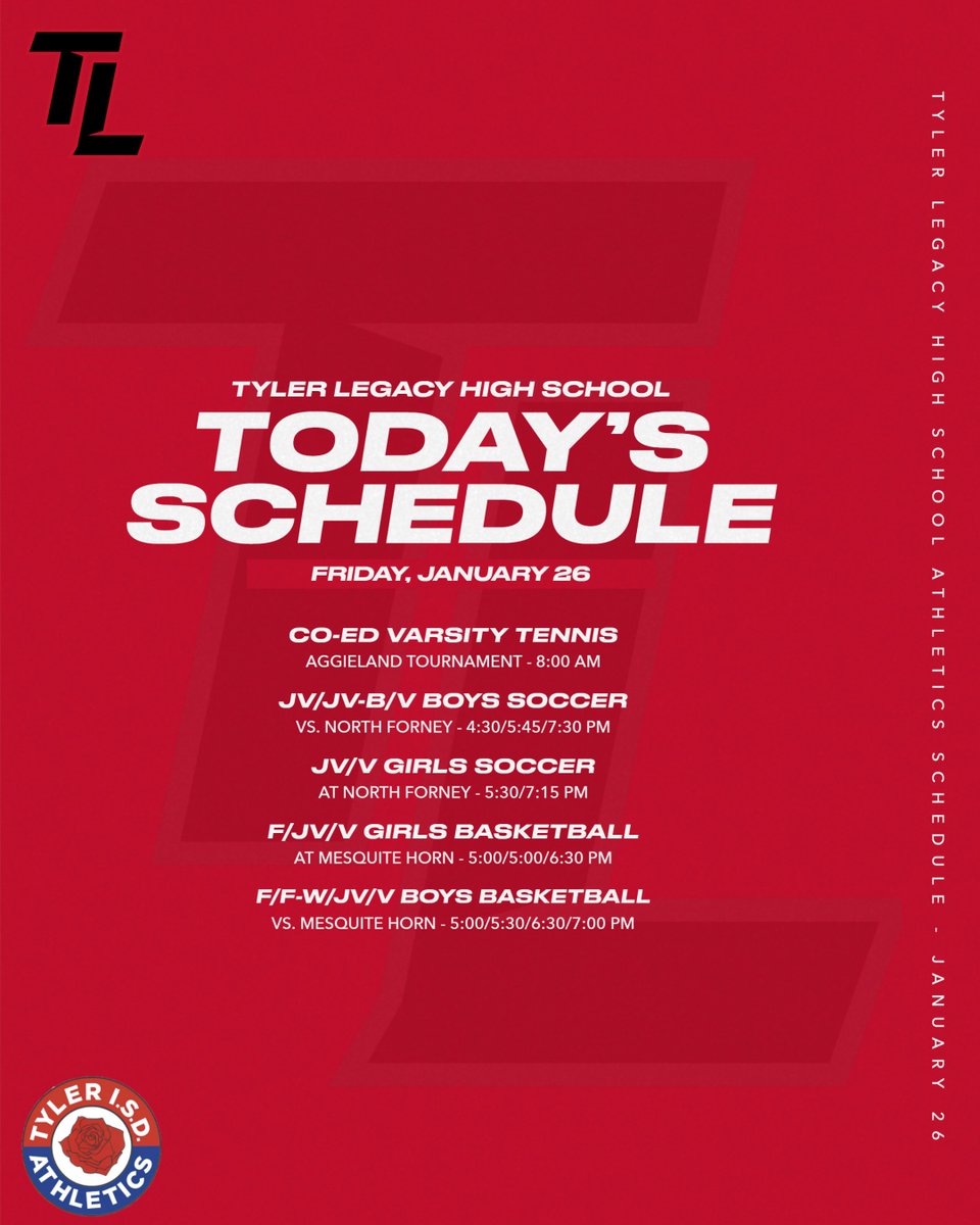 Happy Friday, Red Raiders! <a href="/TYLERLEGACYTENN/">TYLER LEGACY TENNIS 🏆🏆🏆🏆</a>, <a href="/TLBoysSoccer/">Red Raider Soccer</a>, <a href="/TLGirlsSoccer/">Tyler Legacy Girls Soccer</a>, <a href="/TLgirlshoops/">Tyler Legacy Girls Basketball</a>, <a href="/TylerLegacyBB/">Tyler Legacy Men's Basketball</a>