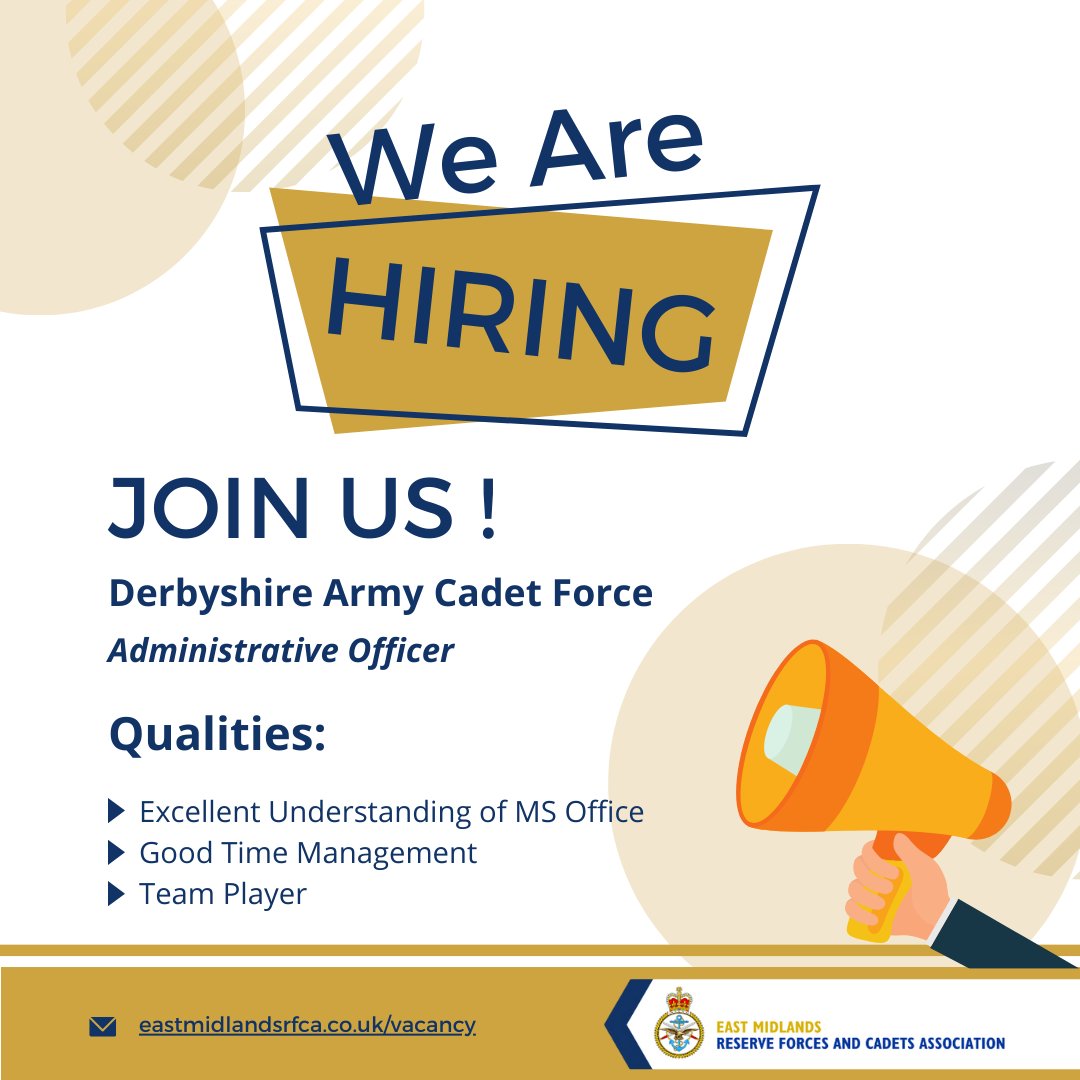 East Midlands Reserve Forces & Cadets Association (@east_mids_rfca) on Twitter photo 🚨 VACANCY ALERT 🚨
✨| Administrative Officer, <a href="/DerbyshireACF/">Derbyshire ACF</a>
🕛 | Deadline for applications is midday on Friday 9th February 2024
📩 | Interested? Apply via our website: ow.ly/Rszo50QuOEE 🚨 VACANCY ALERT 🚨
✨| Administrative Officer, <a href="/DerbyshireACF/">Derbyshire ACF</a>
🕛 | Deadline for applications is midday on Friday 9th February 2024
📩 | Interested? Apply via our website: ow.ly/Rszo50QuOEE