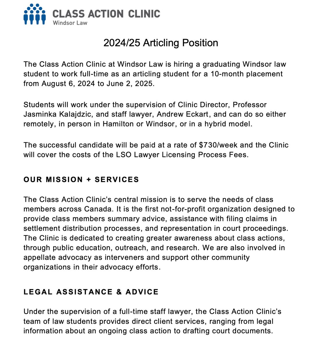 The Clinic will be hiring its first articling student in the 2024/25 cycle. Applications are due today! Only @windsorlaw students are eligible this round. Submit to Maureen McClary by end of day.
