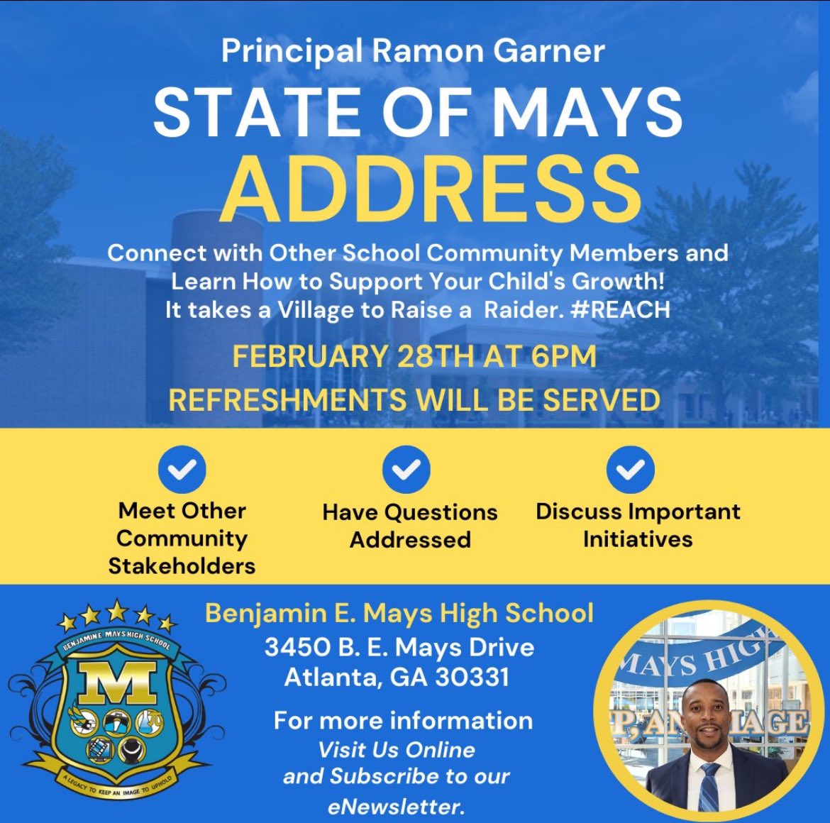 APS Mays Raiders (@apsmaysraiders) on Twitter photo ATTENTION ALL STAKEHOLDERS: Save the date and join Principal Garner, <a href="/BEMaysPRIDE/">Dr. Ramon Garner</a>, and the Mays family, on Wednesday, February 28th, at 6pm, for the State of Mays Address. We look forward to your presence, answering questions, and providing you with useful information. π¨πΎβππ©π½βππ©΅π ATTENTION ALL STAKEHOLDERS: Save the date and join Principal Garner, <a href="/BEMaysPRIDE/">Dr. Ramon Garner</a>, and the Mays family, on Wednesday, February 28th, at 6pm, for the State of Mays Address. We look forward to your presence, answering questions, and providing you with useful information. π¨πΎβππ©π½βππ©΅π