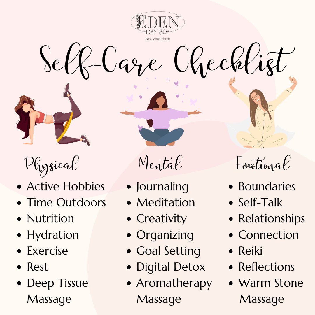 EdenDaySpa's tweet photo. It's time to prioritize YOU. 🌿 Revitalize your well-being with our simple yet powerful Self-Care Checklist. Elevate your physical, mental, and emotional health effortlessly.
Contact Us To Learn More⠀
https://t.co/GHn1oIZyoW⠀
561-447-7700
#Selfcare #SelfcareChecklist https://t.co/2GX8kkok06