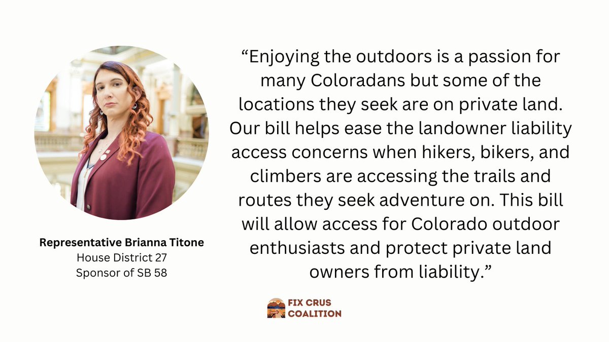 Rep. Titone (<a href="/BriannaForCO/">Rep Brianna Titone - COHD27</a>) is a proud sponsor of SB-58, which eases landowner liability concerns to protect Colorado outdoor enthusiasts' access to private land for recreation. 

We appreciate your support!

Support the Bill 👉 zurl.co/wVUV 

#fixCRUS #coleg #copolicy