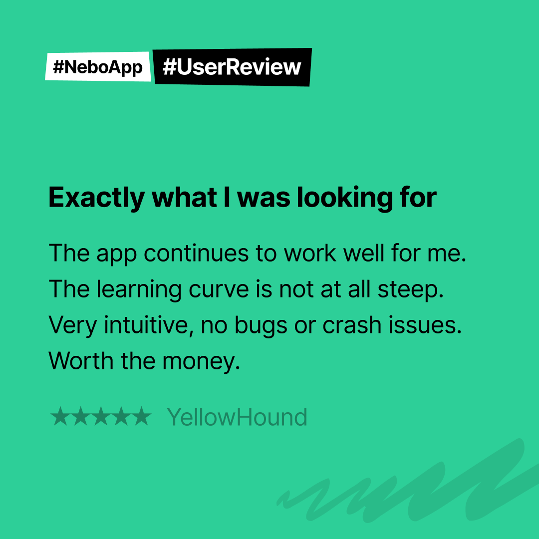 nebo_app's tweet image. Thanks YellowHound for the stellar review - it's music to our ears! 🎷
#userreview #neboapp