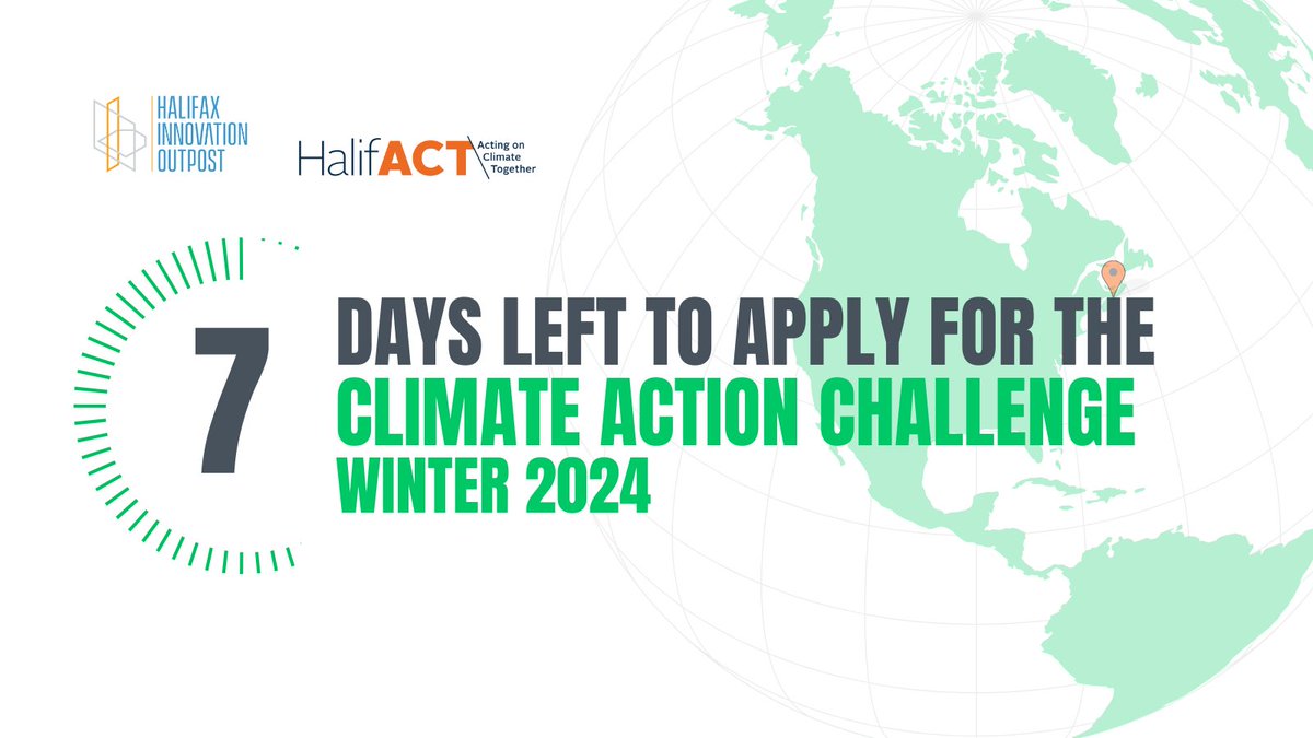 HfxPartnership's tweet photo. 7 days left to apply for the Climate Action Challenge ⌛ 

Does your team have an idea to address the climate emergency in Halifax? Let’s test it.

Submit your application 👉 https://t.co/FloNbTdQJD 

#HfxClimateAction #HalifACT @hfxgov https://t.co/E0CNMmXw8R