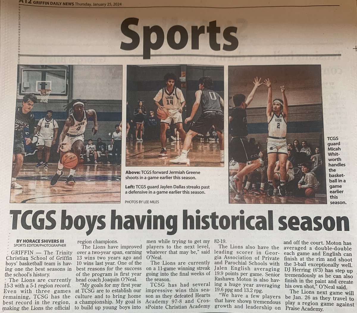 Coach_Joneal's tweet photo. We made the paper again the guys have work so hard all season. All glory to God. #NotFinishYet #GoLions https://t.co/Te2bwURBne