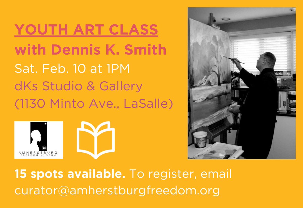 @Aburgfreedom & @river_bookshop are hosting a youth art class with Dennis K. Smith on Feb. 10 at 1pm. The class will take place at dKs Studio & Gallery & there are only 15 spots available! Register by emailing curator@amherstburgfreedom.org Please note the time change to 1pm.