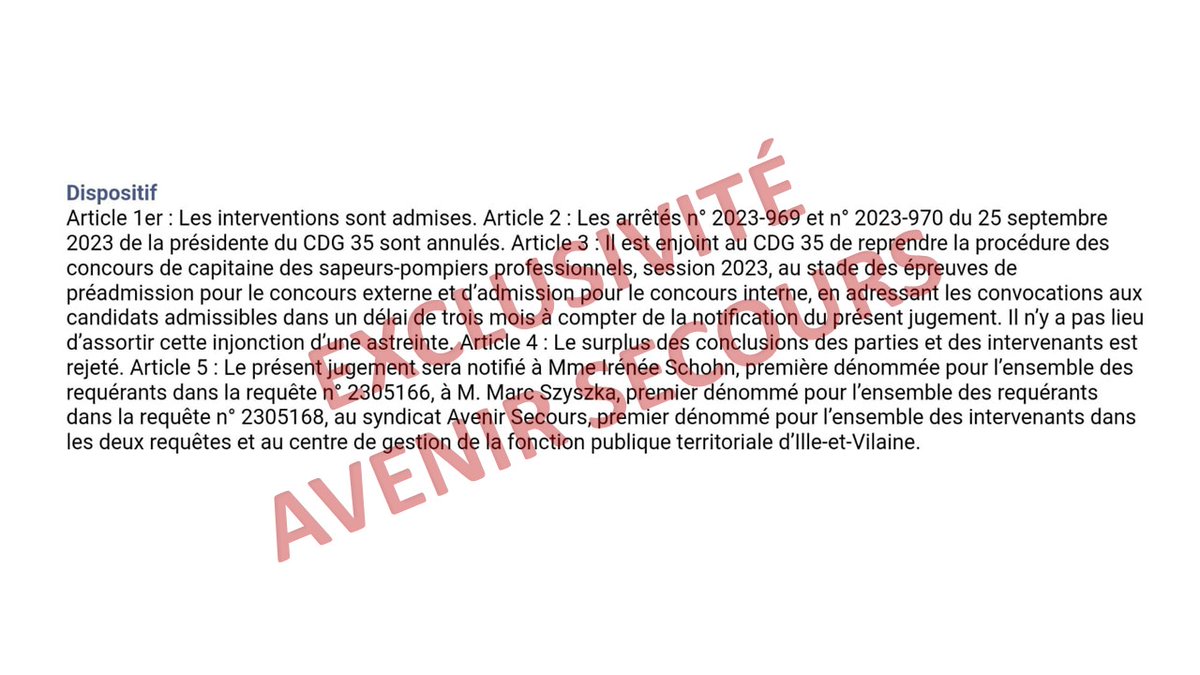 Recours concours de capitaine Externe et Interne :
✅ VICTOIRE 💪Le TA demande au CDG 35 de reprendre le cours des épreuves injustement interrompues. Grâce à notre action, c'est 3⃣0⃣7⃣ dossiers défendus ! Avenir Secours, LE syndicat de l'Encadrement des SIS. Décision en EXCLU ⬇️