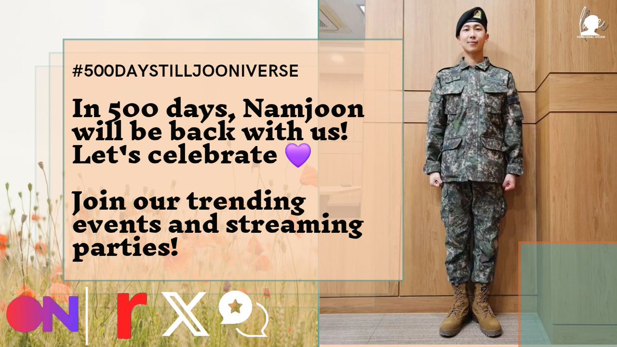 RMGlobalUnion's tweet image. Celebrate #500DaysTillJooniverse w/us!

Leave heartfelt messages to Namjoon here &amp;amp; on Weverse, letting him know how loved he is &amp;amp; how much we miss him while using the tag

Join our streaming parties over at Stationhead &amp;amp; Renaissance &amp;amp; enjoy his music while showing our 💜 for #RM