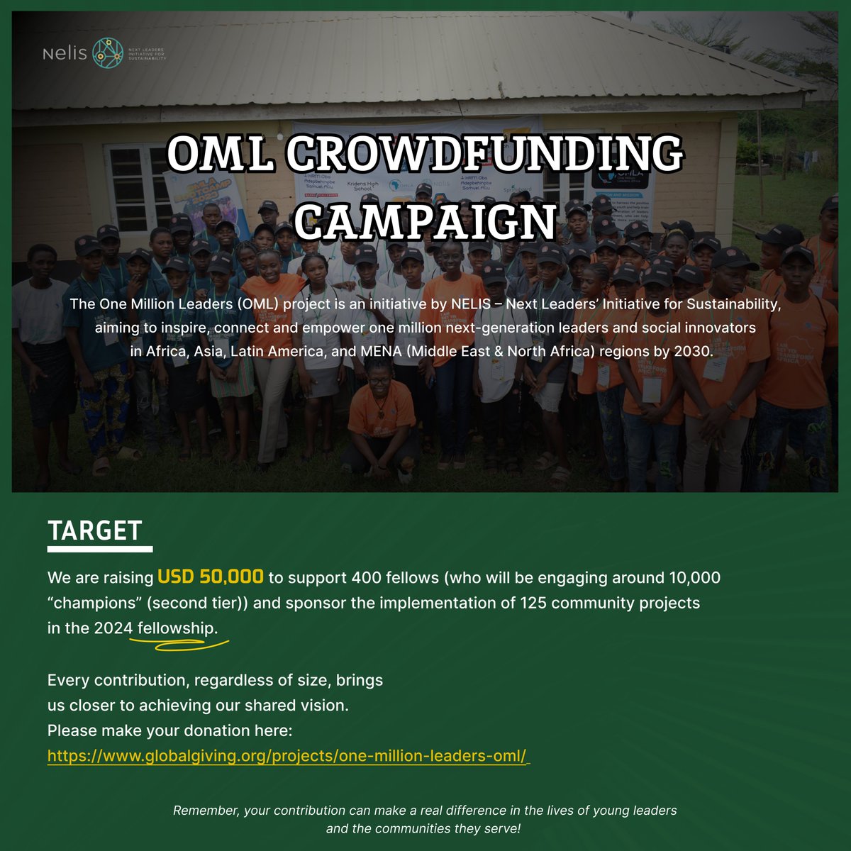 AMillionLeaders's tweet image. The One Million Leaders (OML) project is an initiative by NELIS – Next Leaders’ Initiative for Sustainability, aiming to inspire, connect and empower one million next-generation leaders and social innovators in Africa, Asia, Latin America, and MENA (Middle East &amp;amp; North Africa)