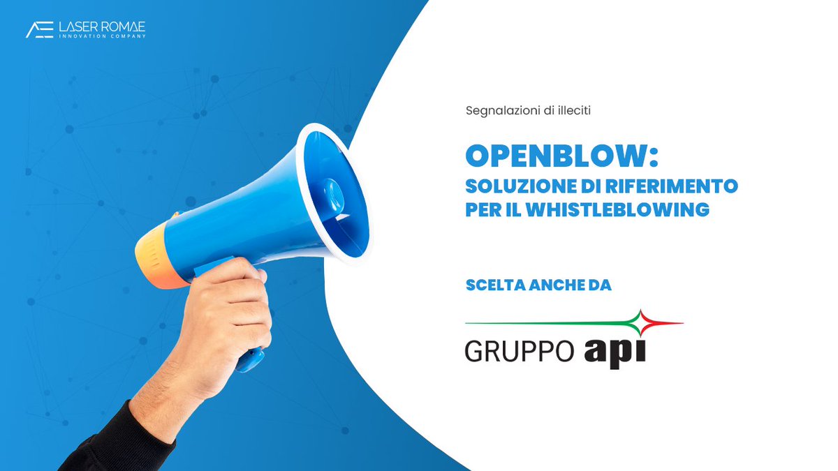 laserromae's tweet image. Le società del Gruppo API hanno adottato la nostra piattaforma OpenBlow, per la gestione delle segnalazioni di condotte illecite sui luoghi di lavoro, nel rispetto della normativa vigente in materia #Whistleblowing #anticorruzione #conformità